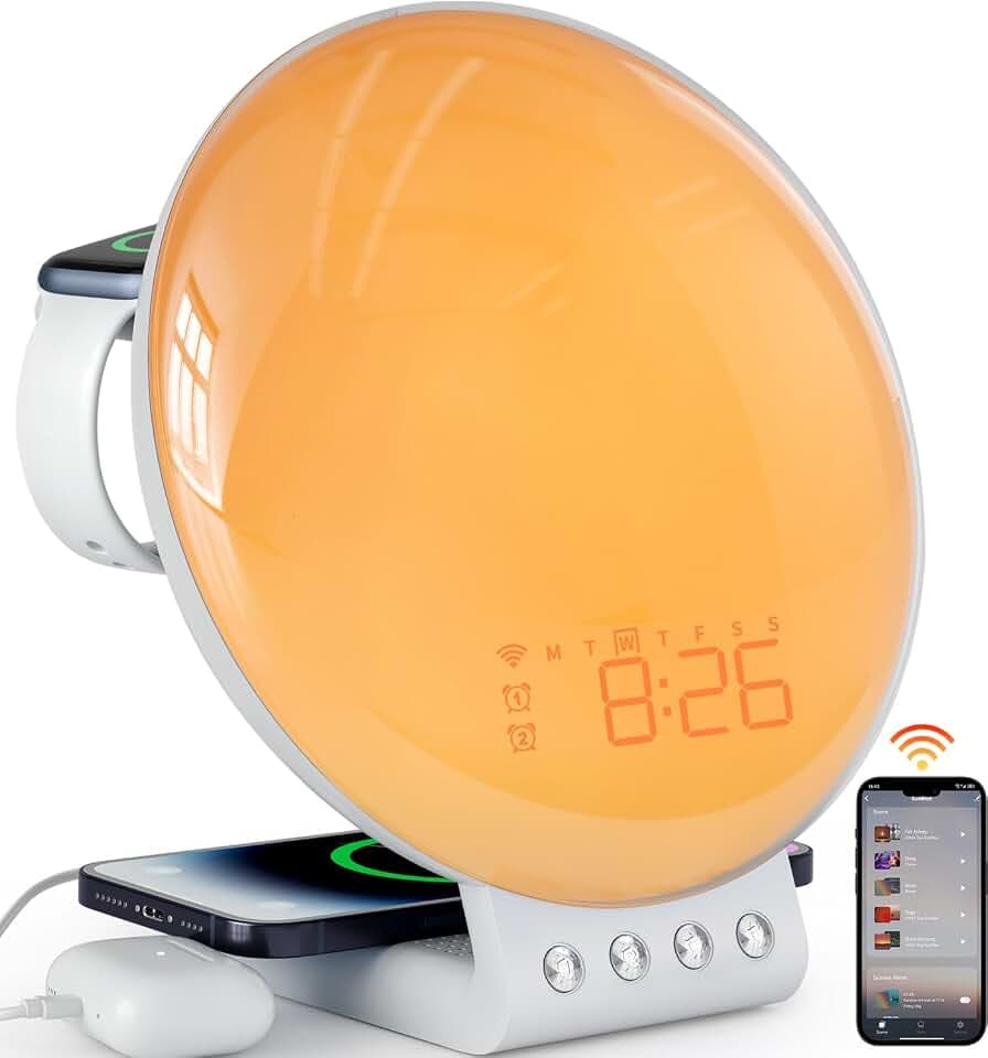Dekala Lichtwecker Tageslichtwecker Sonnenaufgang Sonnenuntergang Simulation, Vollbild Wake Up Light mit Wireless Charger, Touch/APP-Steuerung für Kinder & Erwachsene