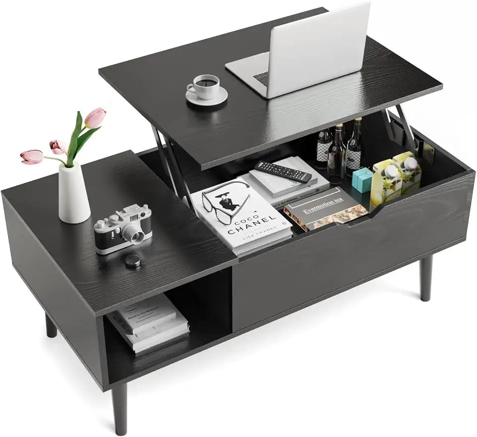 Multi-Function Lift Top Coffee Table, Wooden Lift Tabletop Dining Table for Living Room with Storage Shelf and Hidden Compartment, Blcak