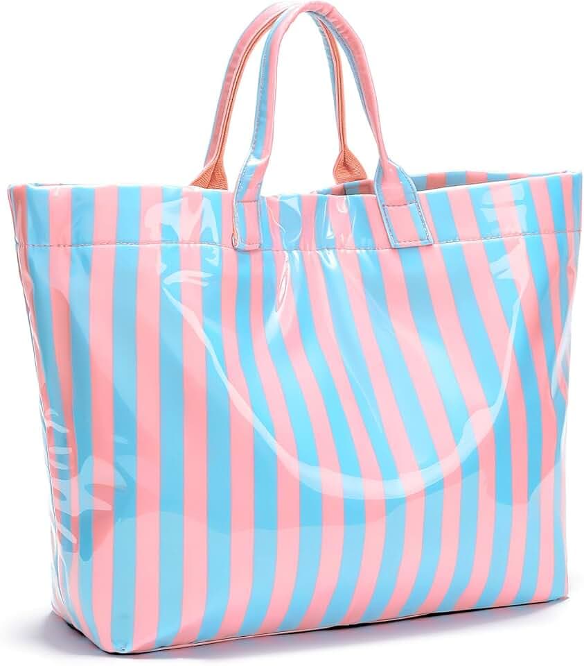 Women’s Waterproof PVC Tote Bag for Women, Large Stripe Plastic Top Handle Oversize Hobo Bag for Travel Work Shopper