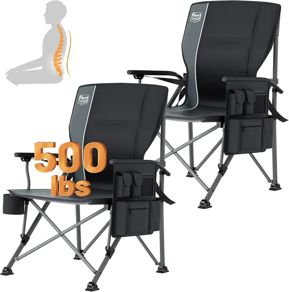 Timber Ridge Aluminum Oversized Camping Chair with Lumbar Support up to 500lbs, Heavy Duty Folding High Back Chair for Adults, Cup Holder, Cooler Bag, Side Pocket, 2 Pack