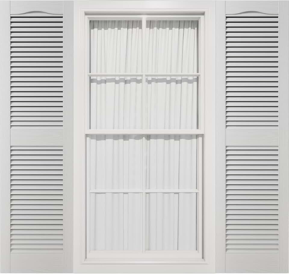 14 1/2"W x 49"H Mid-America Vinyl, TailorMade Cathedral Top Center Mullion, Open Louver Shutters, w/Installation Shutter-Lok's (Per Pair), 001 - White