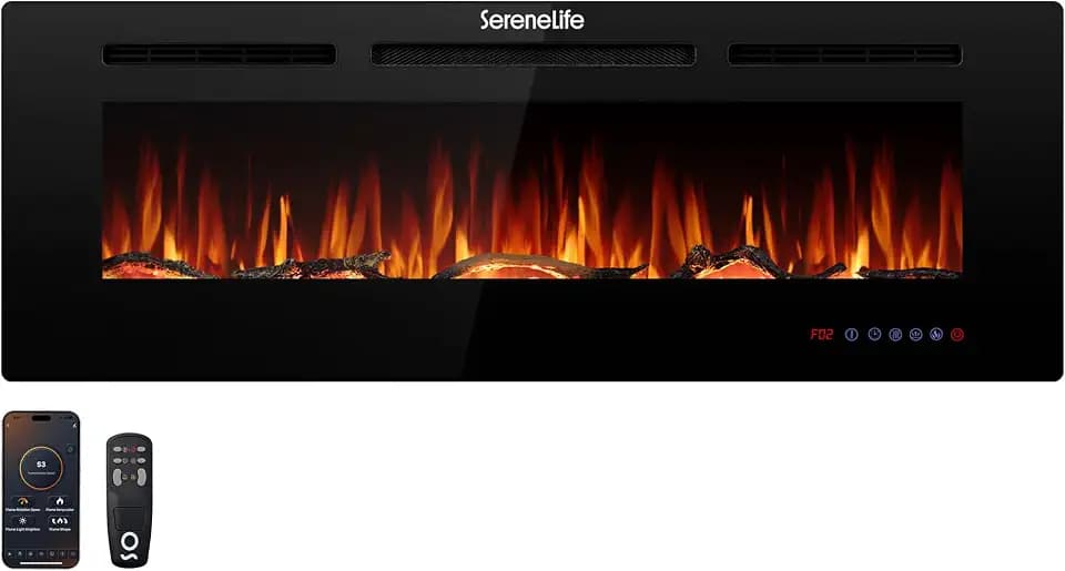 SereneLife Electric Fireplace Insert with Heater | Smart Wi-Fi App Control & Remote | 700W/1500W Adjustable Thermostat with Overheat Protection | 50"x17" Recessed or Wall Mount Design