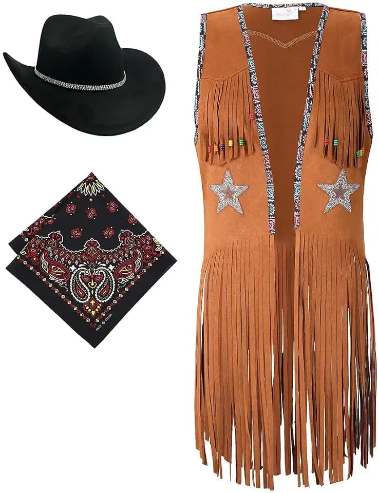 Women Tassel Sleeveless Rhinestone Cowgirl Vest 70s Hippie Faux Suede Fringe Jacket
