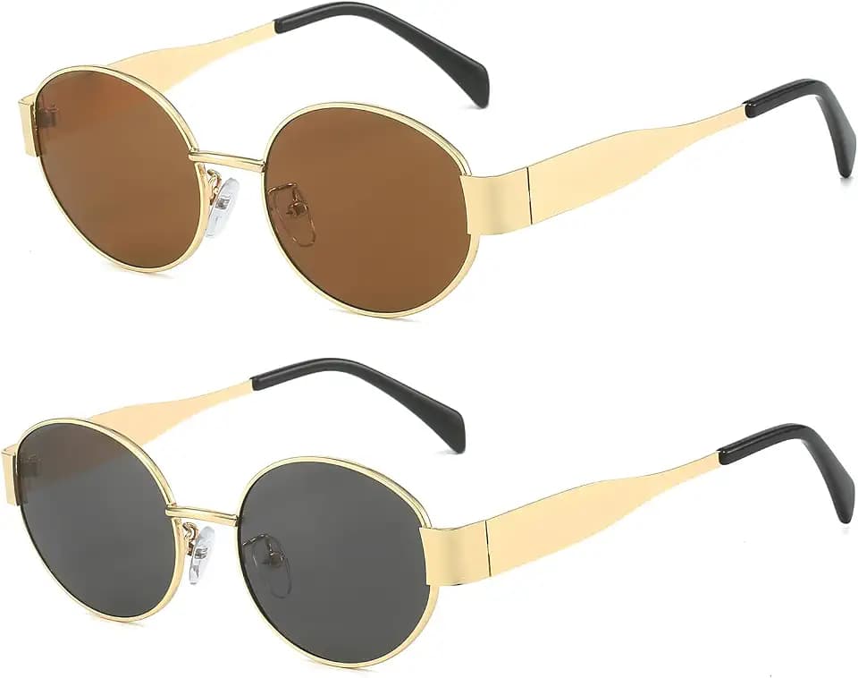 Runde Vintage Sonnenbrille Klassische Retro Metallrahmen Sonnenbrille Oval Punk für Frauen Männer Brille (Gold/Grau+Gold/Tee)