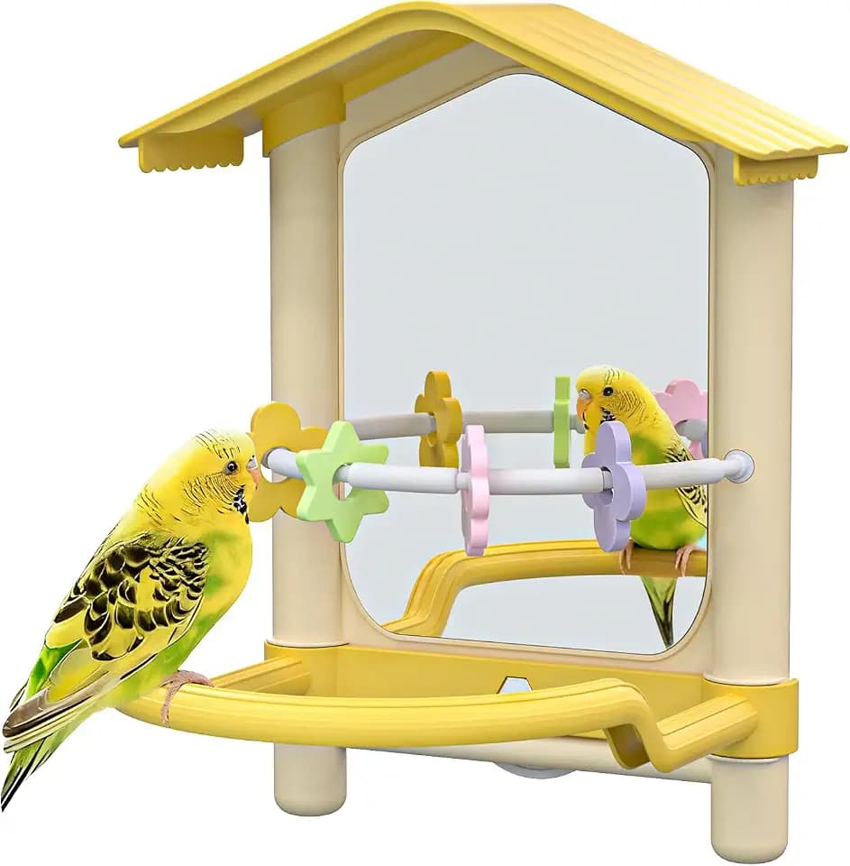 8.1-Inch Bird Mirror fo Cage with Non-Slip Perch Stand & Parakeet Chew Toys