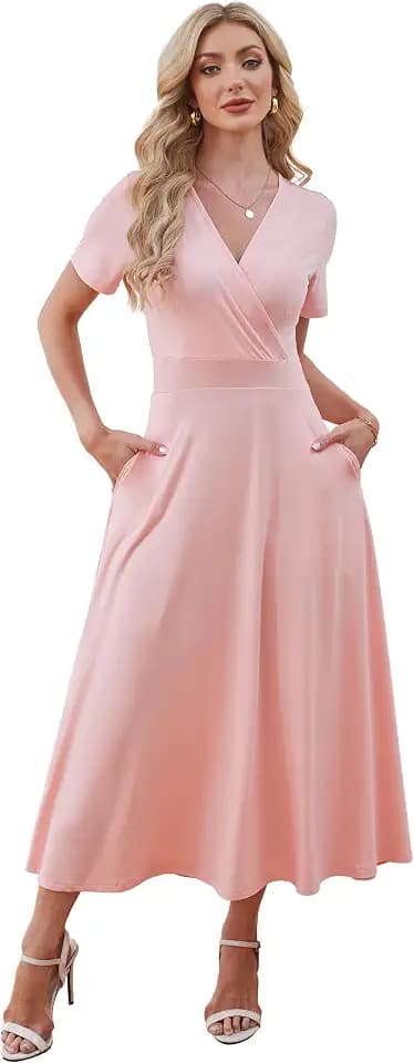 VintageClothing Women Maxi Dresses with Pockets Wrap V Neck Casual Summer