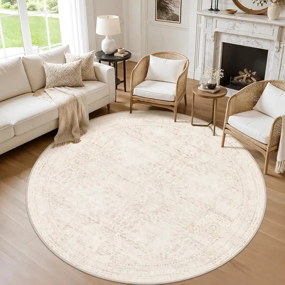 Round Area Rug Living Room: 8ft Neutral Washable Carpet Rug Beige