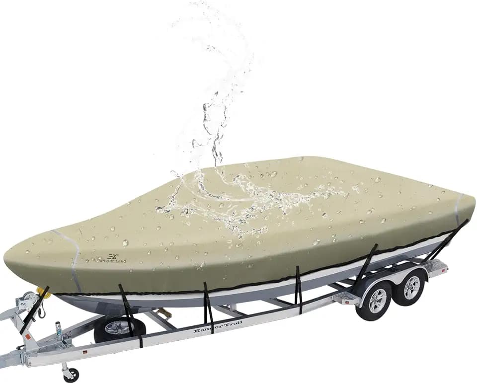 Explore Land Waterproof 900D Boat Cover, 14'-16' Long 76" Beam Width, Tan
