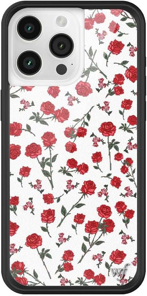 Wildflower Schutzhülle für Apple iPhone 15 Pro Max, Rot, Weiß, Blumen, Rosen, trendig, kokett, schützender schwarzer Bumper, 1,2 m Falltest-Zertifiziert, kleines Unternehmen im Besitz von Frauen