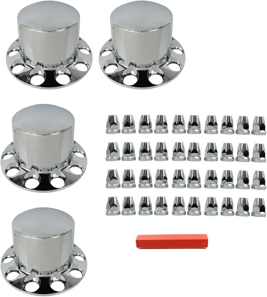 Silscvtt Chrome Semi Truck Hub Cover Wheel Axle Cover Center Caps Complete with 33mm Screw-on Lug Nuts for 22.5 Inches and 24.5 Inches Semi Truck Wheels 4 Rear
