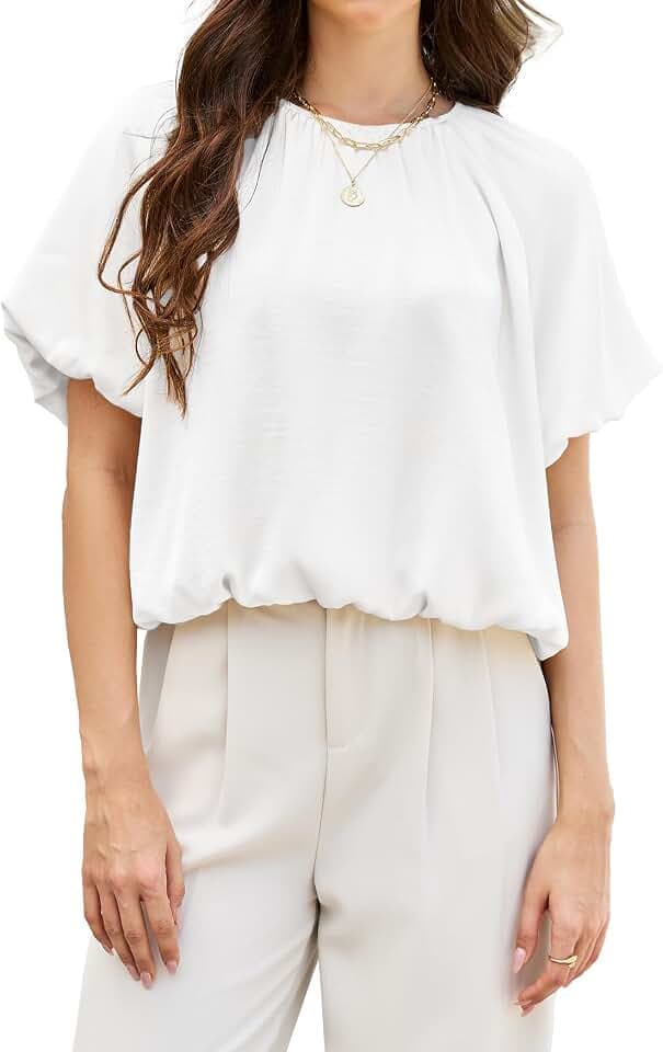 SCOFEEL Women's Summer Bubble Crop Top Puff Sleeve Crew Neck Satin Blouse with Elastic Hem Loose Fit Casual Short Sleeve Tee