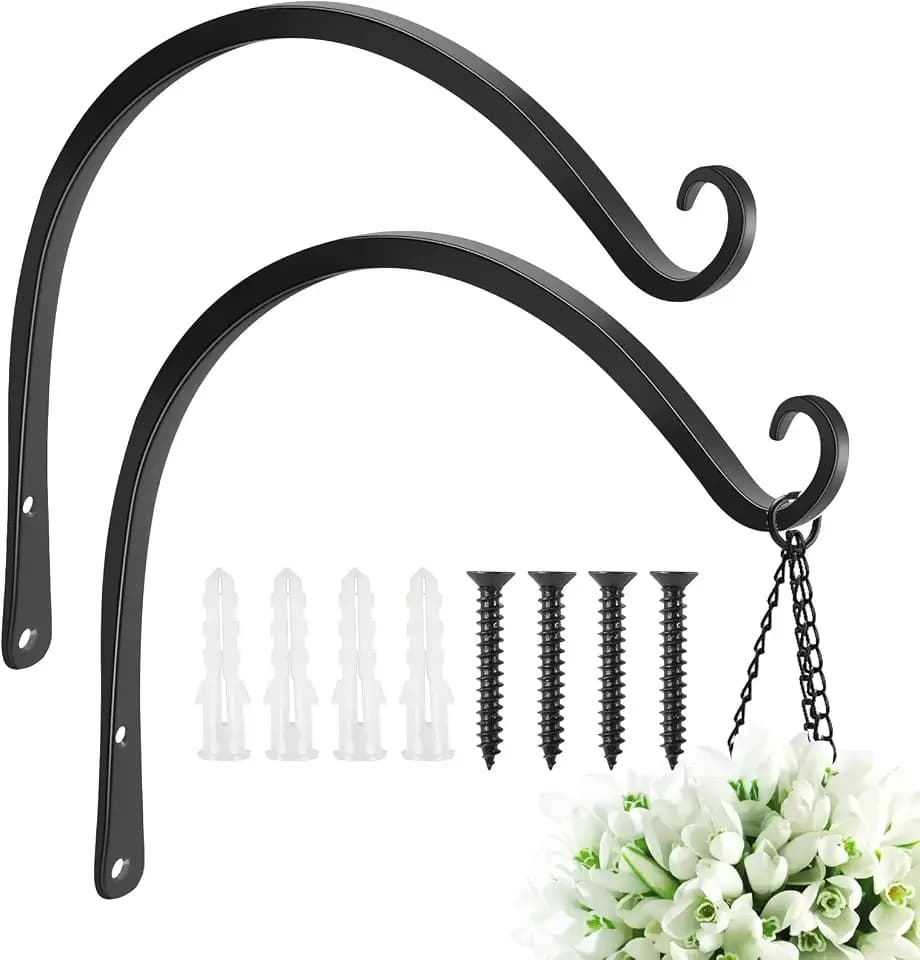 FEED GARDEN Heavy Duty Plant Hooks - 2 Pack 14 Inch Wall Mounted Hanging Brackets, 57lb Capacity Steel Plant Hangers for Bird Feeders, Baskets, Wind Chimes Outdoor Indoor- Black