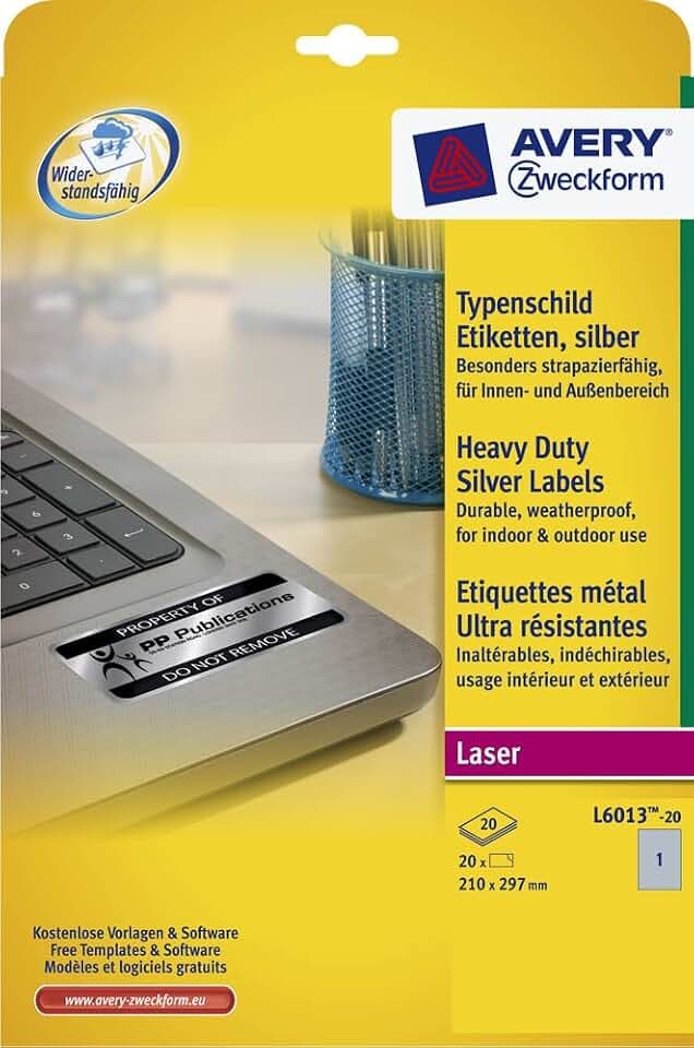 Avery Etiketten, hohe Widerstandsfähigkeit, Silber, Druckeretiketten, selbstklebend, A4, Polyester, Laser, permanent