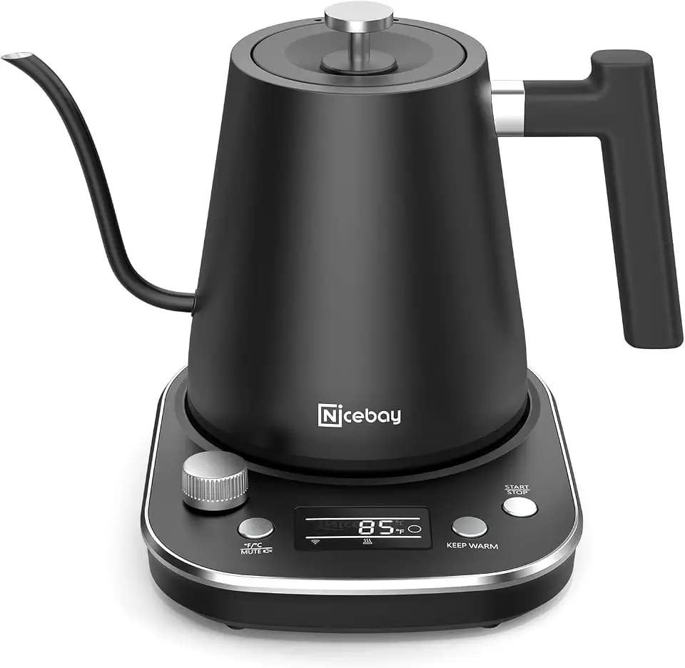 Nicebay Electric Gooseneck Kettle, Kettle with Heating Base Buttons and LED Display, Pure Stainless Steel Inner Tea 1200W Fast Heating, Pour Over Coffee 0.8L, Black, (SK-0804)