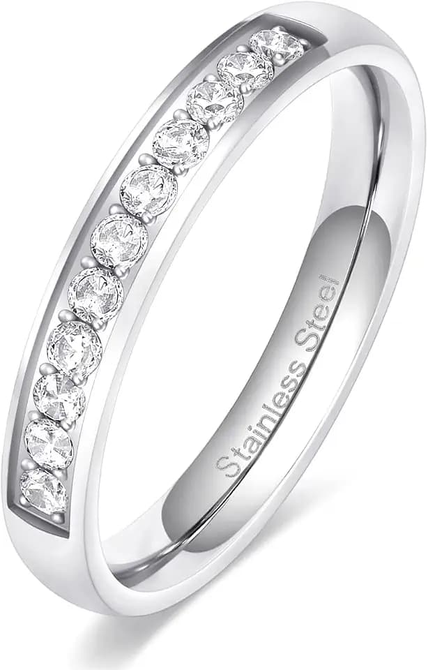 TIGRADE 3.5mm Engagement Ring Half Cubic Zirconia Stainless Steel Eternity Wedding Band for Women Size 3-12.5