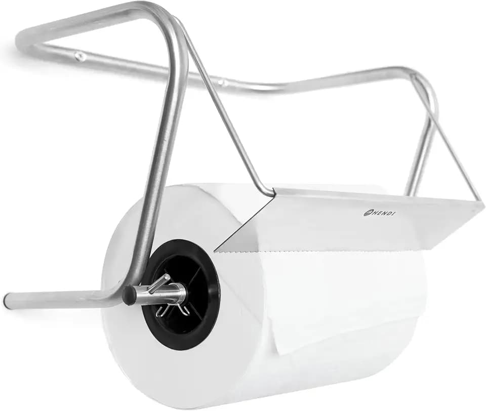 HENDI Papierrollenhalter, Wandmontage, geeignet für Papierrollen bis 30 cm Breite, inklusive Schrauben, Küchenrollenhalter, Putztuchrollenhalter, Papierhandtuchspender, 395x290x(H)260mm, Edelstahl