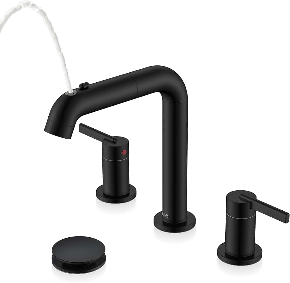 KENES Matte Black 2 Handle Pull Down Widespread Bathroom Faucet 3Hole