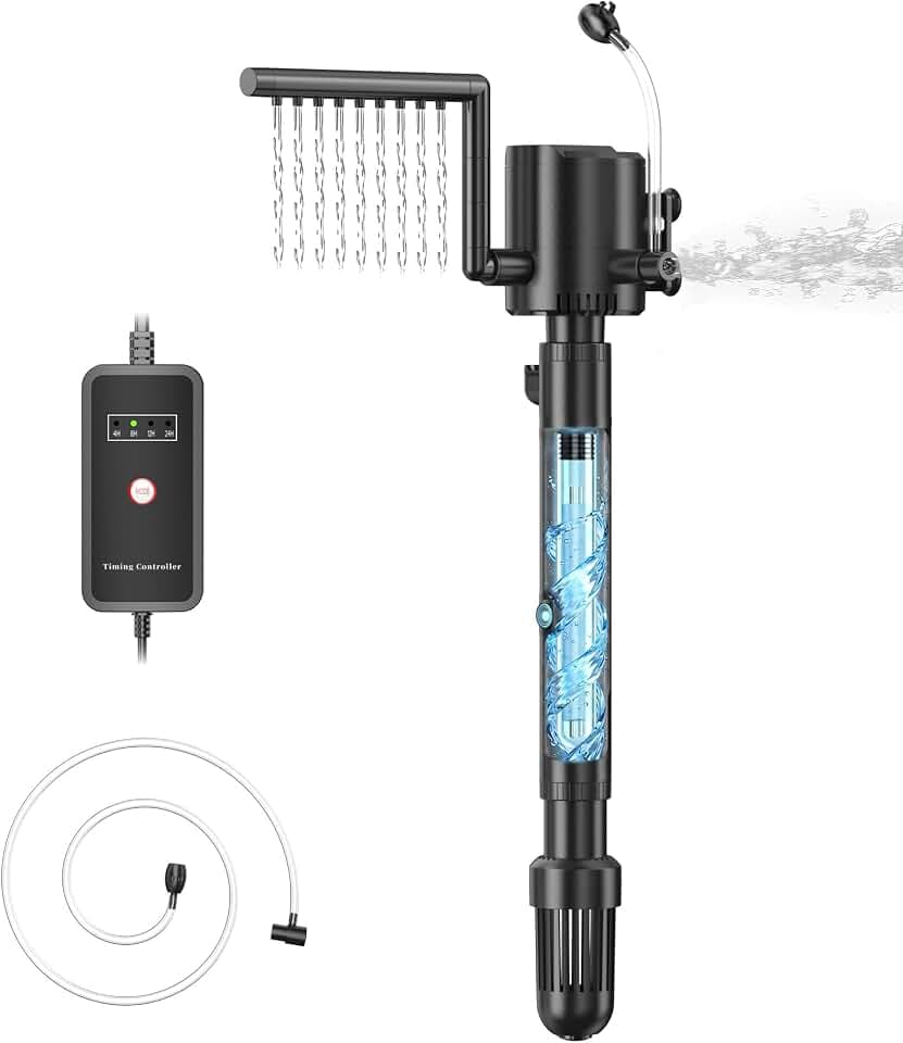 Aquarium Innenfilter mit UVC-Sterilisator & Timer, 5-in-1 Filterpumpe für 60-130L Fischtank, 8W Lampe Anti Algen U-V Klärer für Süß- & Meerwasser Fische