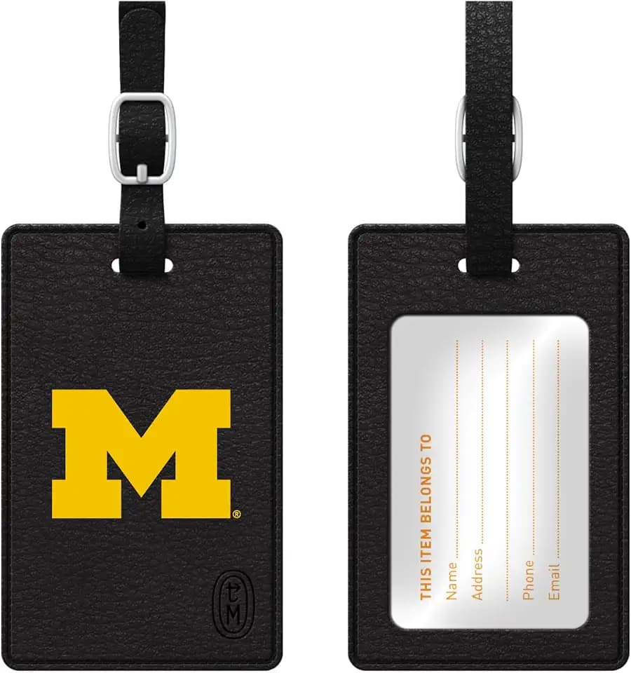 OTM Essentials University of Michigan Faux Leather Luggage Tag, Durable Travel Accessories with Adjustable Strap and ID Card, Classic