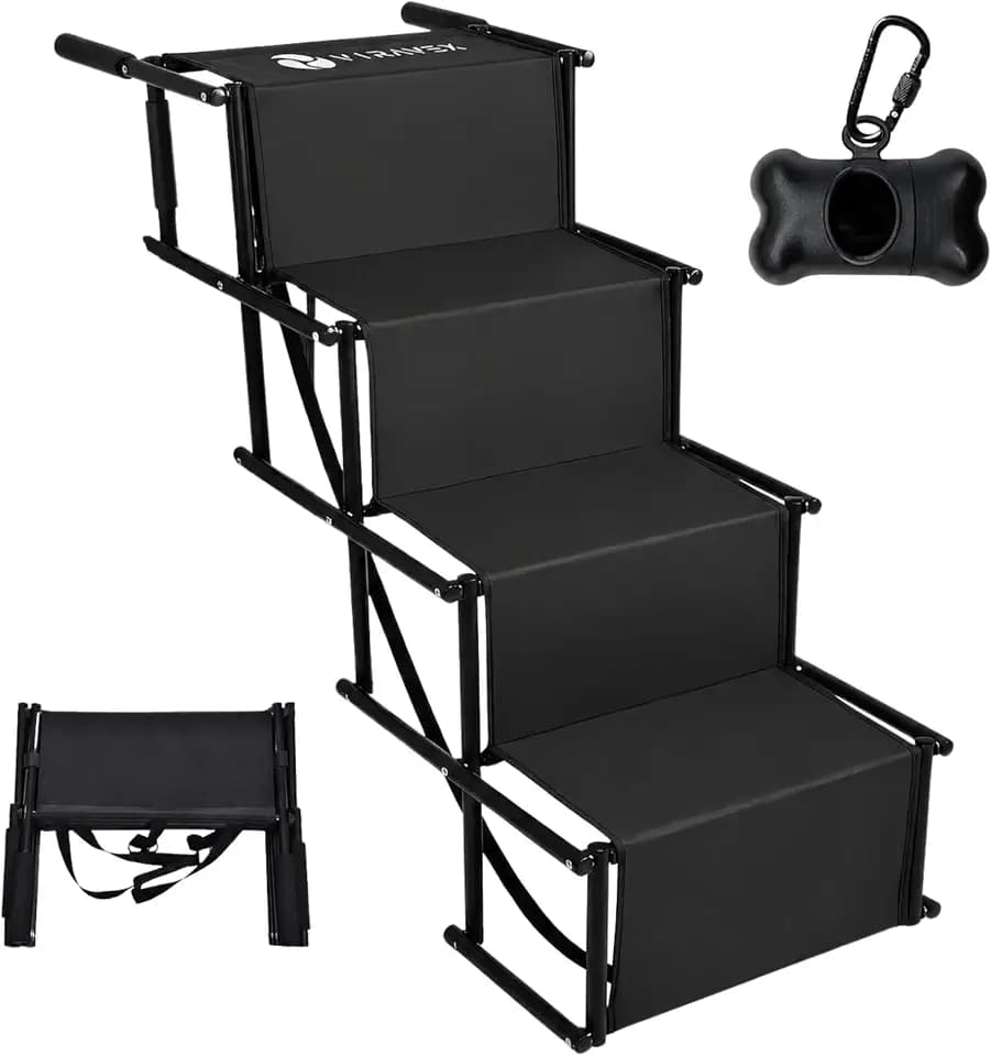 Dog Stairs for Car, Truck & SUV – Foldable Dog Steps for Small & Large Dogs with Anti Slip Surface & Poop Bag Dispenser, Lightweight Dog Ramp Holds Up to 130lbs