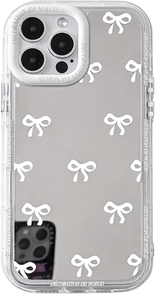 NITITOP Kompatibel mit iPhone 15 Pro Hülle Bow Schleife Spiegel Süßes Muster Glitzernd Mädchen Frau Farbiges Design der Linsenblende Stoßfeste Glänzende Handyhülle - Weiß Bogenknoten