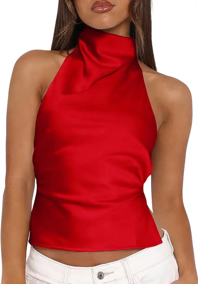 LCNBA Women's Cute Halter High Mock Neck Crop Tops Tie Backless Summer Cami Tops