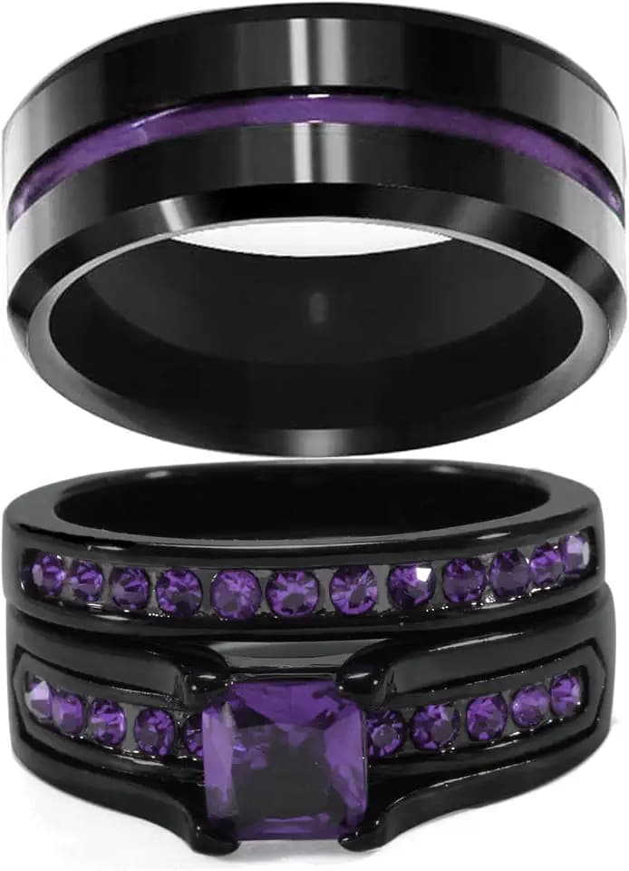 Couple Rings His Her Wedding Ring Sets Matching Rings Purple CZ Black Rings Titanium Men Ring