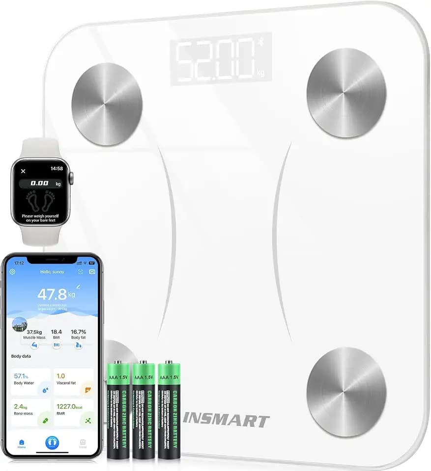 INSMART Körperfettwaage, Waage Personen mit Bluetooth, 24 Körperwerte, Digitale Personenwaage, Körperanalyse, Muskelmasse, Smart-App, 180 kg, automatische Synchronisierung, mehrere Nutzerprofile