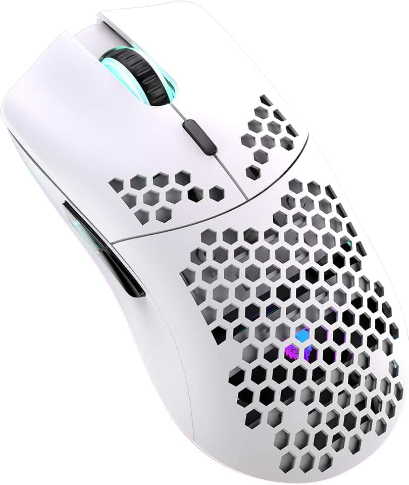 Lancoon Kabellose Gaming Maus, Hohl Geschnitztes Design, Bunt, Wiederaufladbar, Langlebig, 2.4 G 4 Einstellbare 3200-DPI-Stufen, 7 Tasten, Optischer Sensor Für E-Sportb Arbeit(Weiß)