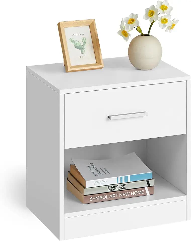 VASAGLE Nachttisch, Beistelltisch, mit Schublade, Griff, offenes Fach | Couchtisch, für Schlafzimmer, Wohnzimmer, Wolkenweiss, CUSTOS Kollektion LET619T14