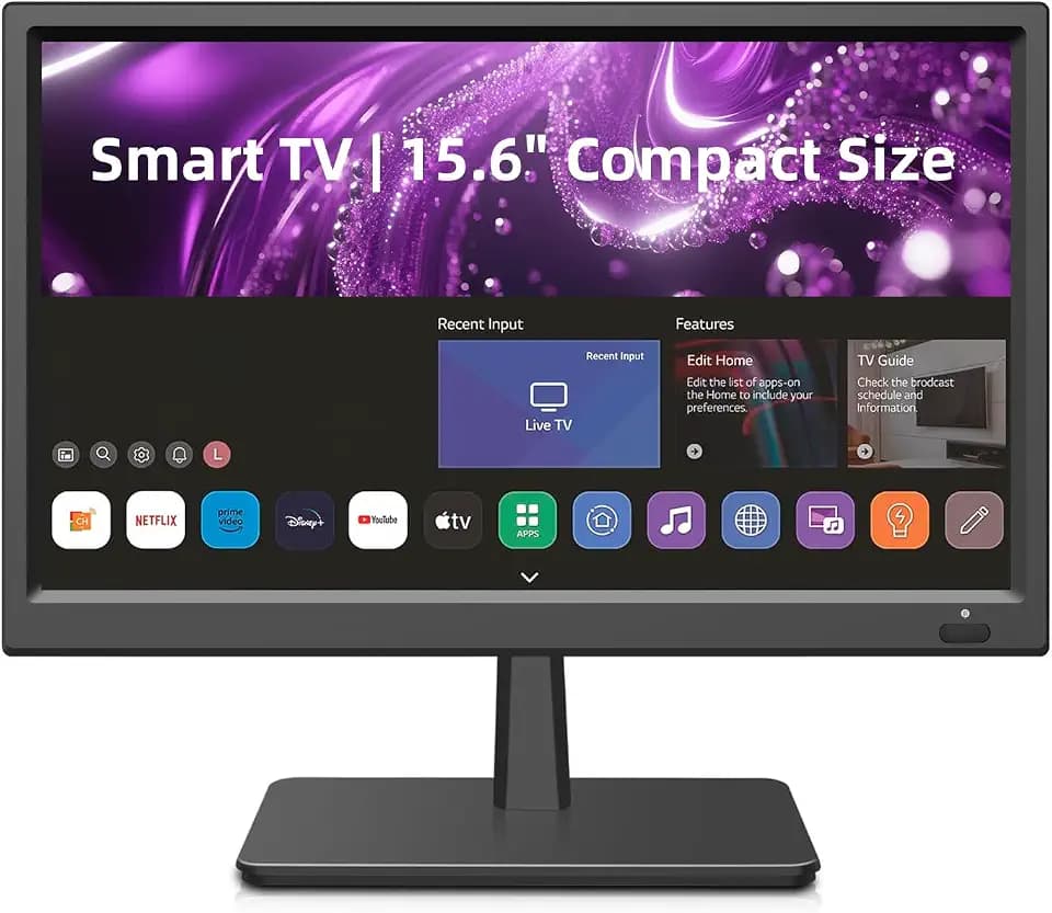 Feihe 15.6 Inch Small Smart TV HD 1080P LED, Flat Screen Smart Television with ATSC Tuner/HDMI/USB/AV for Kitchen, RV, Camper, Home & Bedroom or On-The-Go Entertainment