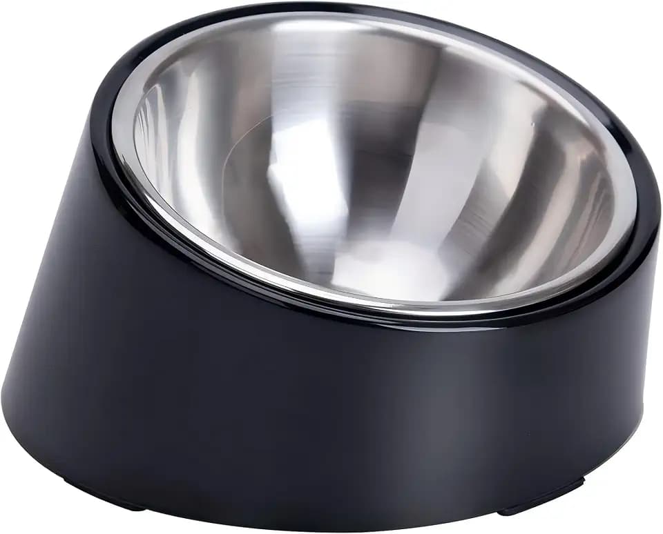 SuperDesign Small Tilted Dog Bowl for Flat-Faced Breeds, Slanted Bulldog Feeder with 2 oz / 0.5 Cup Capacity, 15° Angled Feeding Bowl for Puppies, Cats & Small Dogs, Dark Black