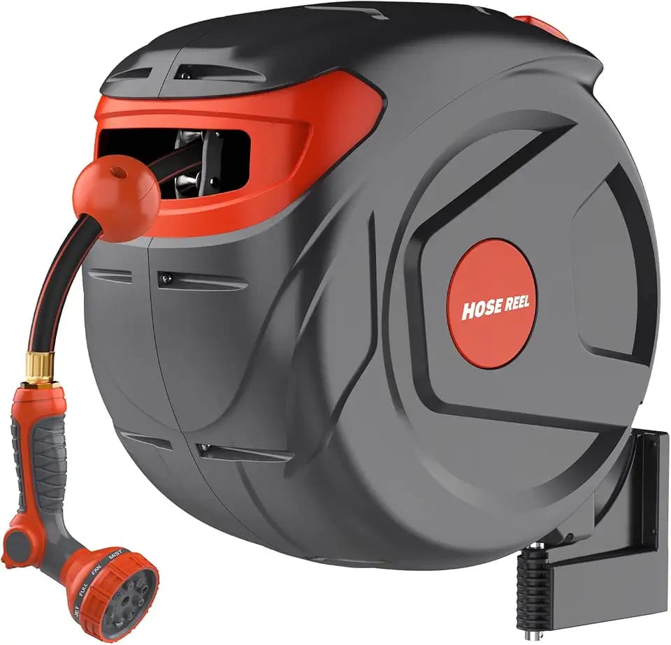 Retractable Garden Hose Reel 1/2 Inch 100 FT Wall-Mounted 180° Swivel Automatic Slow Return Any Length Lock Hose Reels for Outside 9 Pattern Sprayer Nozzle UV Resistant