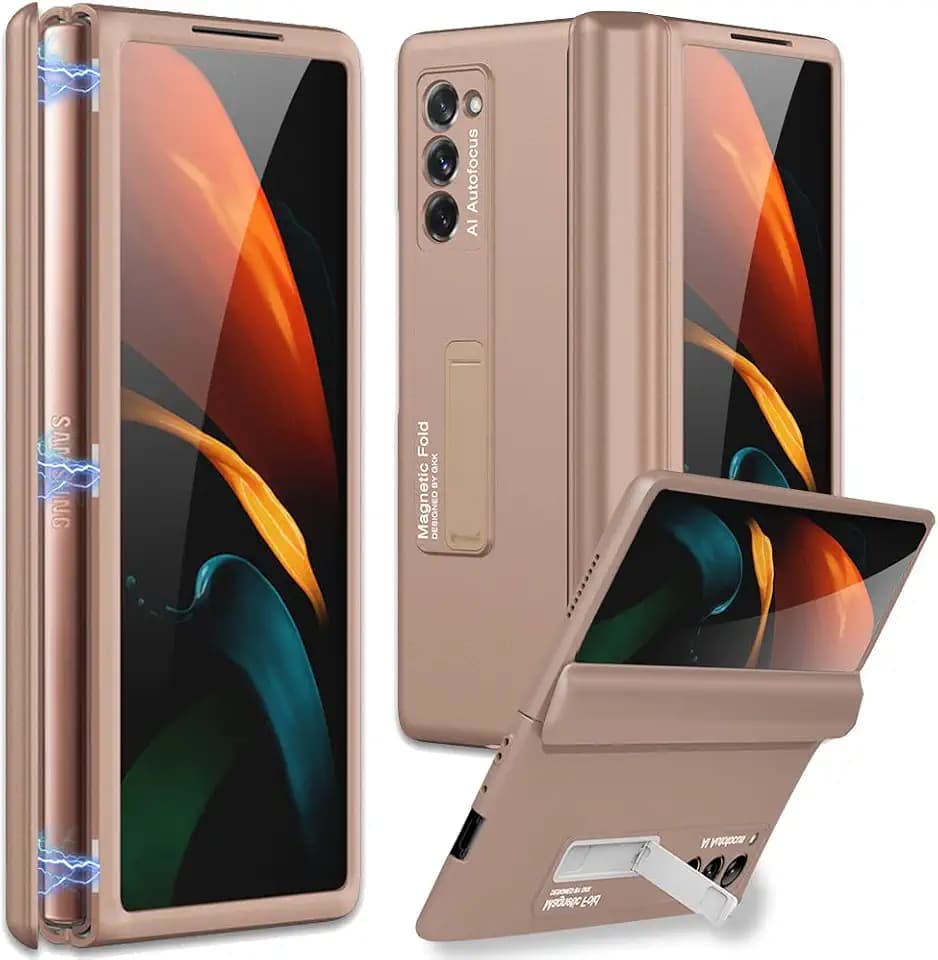 Miimall Kompatibel mit Samsung Galaxy Z Fold 2 2020 Hülle, [Magnetischer Scharnierschutz] Hartes PC Handyhülle mit Standfunktion Ultradünn Anti-Kratzer Schutzhülle für Galaxy Z Fold 2 - Gold