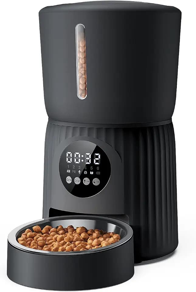 Faroro Futterautomat Katze, 4L Katzenfutter Automat, Futterspender Katze Mit 1–6 Mahlzeiten Pro Tag, Portionskontrolle, 10s Sprache, Langsames Füttern (Schwarz)
