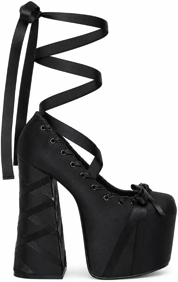 Dolls Kill Sweet Sonata Ballet Wrap Heels by Sugar Thrillz – Satin Platform Heels with Lace-Up Ribbons & Bow