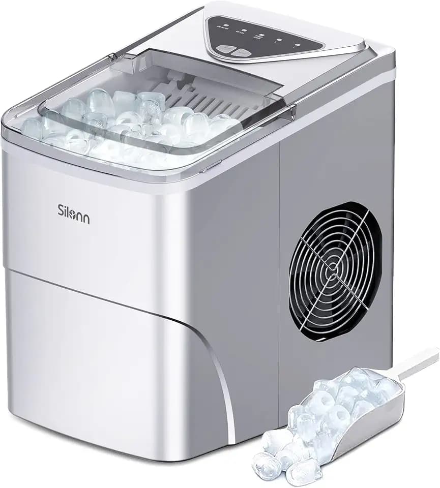 Silonn Ice Makers Countertop, 9 Cubes Ready in 6 Mins, 26lbs in 24Hrs, Self-Cleaning Ice Machine with Ice Scoop and Basket, 2 Sizes of Bullet Ice for Home Kitchen Office Bar Party, Sliver
