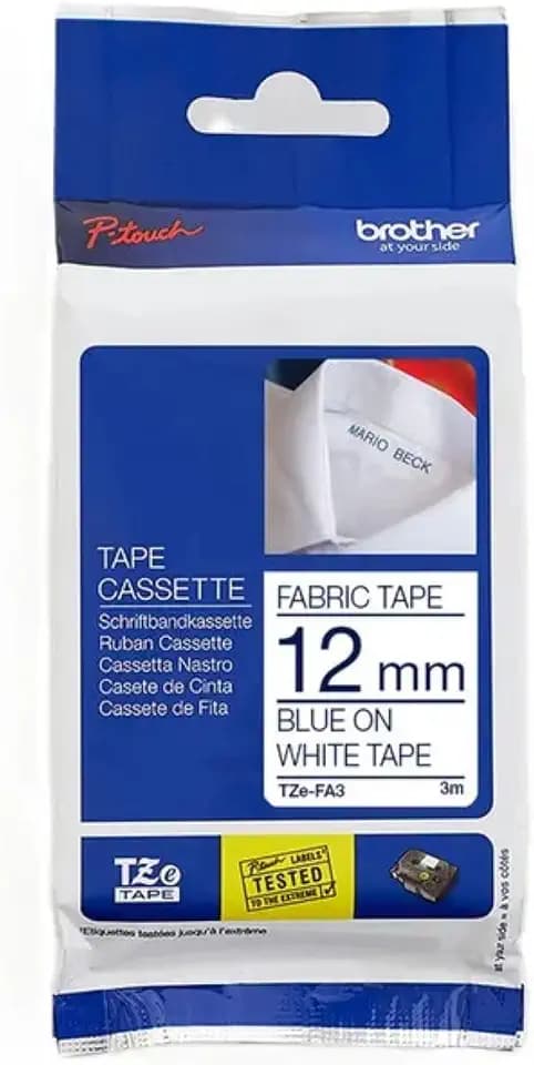 Brother TZe-FA3 P-touch Textil-Aufbügelband (12 mm breit, 3 m lang, blau auf weiß, u.a. für P-touch H200, H100LB/R, H105, E100/VP, D200/BW/VP, waschbar, auch für chemische Reinigung geeignet)