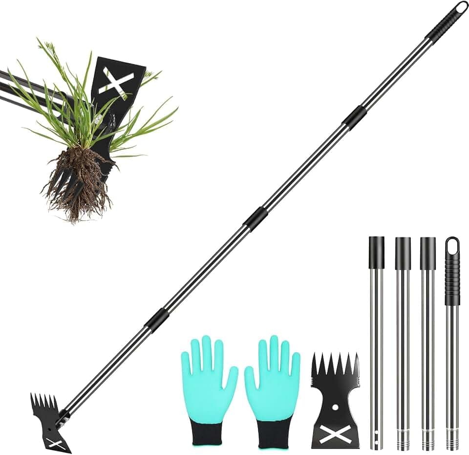 Weed Puller Tool with Long Handle-Vertical Adjustable Weeder, 2-in-1 Garden Hoe and Weeding Rake Combination, Weeding Tool for Garden, Lawn, Farm and Courtyard