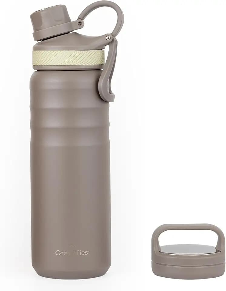 GrandTies 2 Deckel Sport Edelstahl Wasserflasche,680 ml, Wiederverwendbare Wide Mouth Vakuumisolierte Wasserflaschen, kälteste Wasserflasche für Männer und Frauen (Caffe Latte, 24 oz)