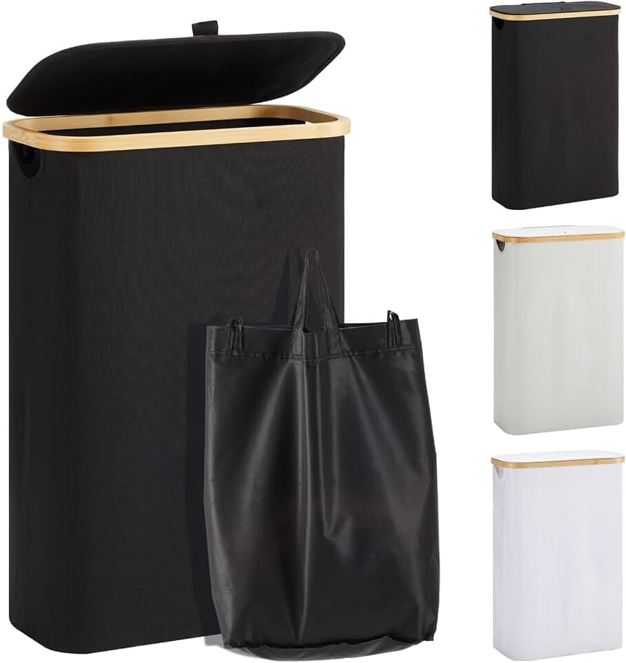 YOUDENOVA Wäschekorb mit Deckel 48L Wäschesammler schmal mit Wäschesack faltbarer Wäschesortierer Holz Bambus Wäschetruhe hoch Laundry Baskets, Schwarz