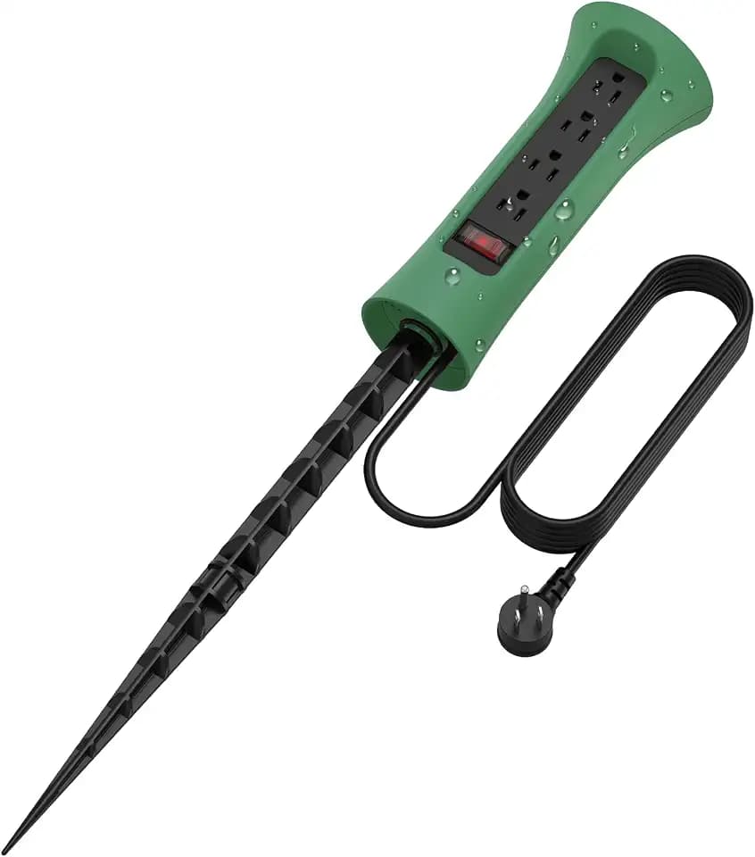 CCCEI Outdoor Power Strip Weatherproof with Stake, Waterproof Extension Cord with Multiple Outlets, Christmas Exterior Garden Decor, Yard, Camping, 4 Plugs, Surge Protector 15FT, Green.
