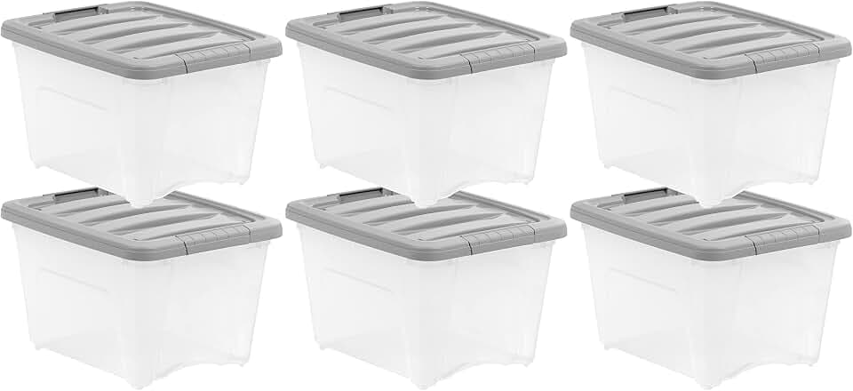 Amazon Basics Plastic Storage Containers with Secure Latching Lids, Stackable Organization Bins, Clear/Grey, 19 Quart, Set of 6
