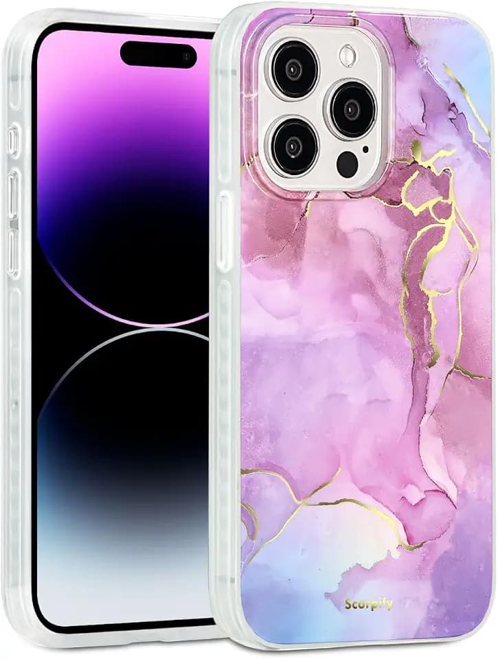 SCORPIFY for iPhone 14 Pro Max Case [Compatible with MagSafe] with Violet Marble Design, Cute Purple Magnetic Phone Cover for Women Girls, [Non Yellowing] Slim Bumper with Gold Accents