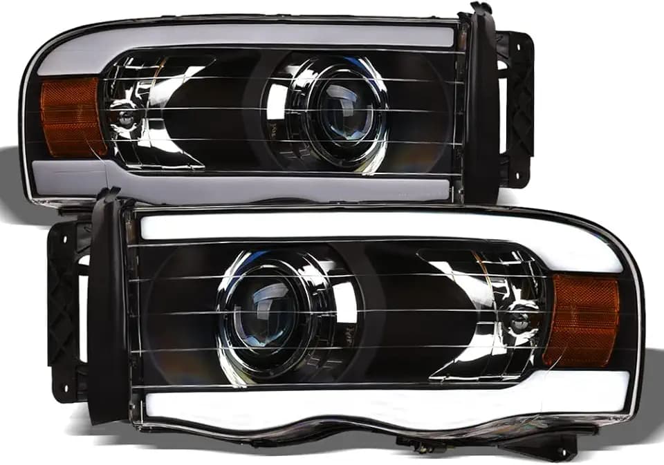 Alpha Owls Projector Headlights with White LED Strips|Compatible With 2002 2003-2005 Dodge Ram|8744086|Black Amber
