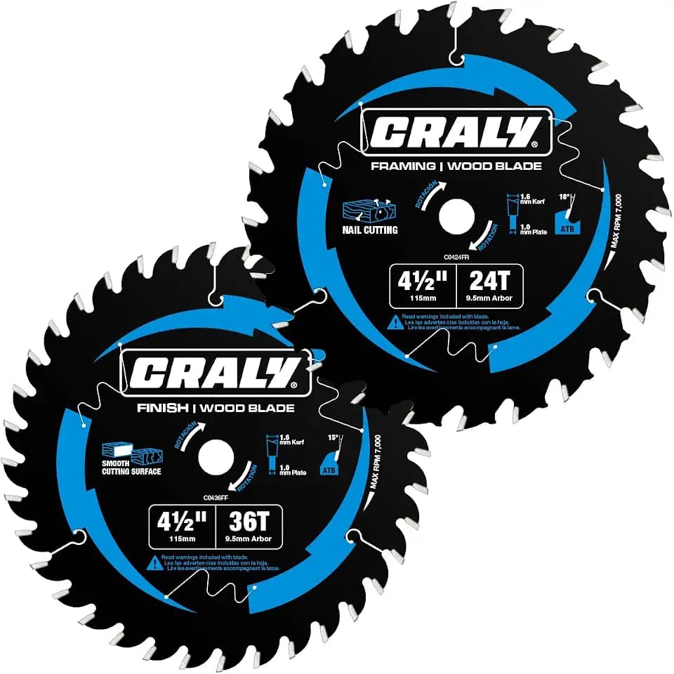 CRALY 4-1/2 Inch 24&36 Teeth Wood Cutting Framing/Fine Finish Circular Saw Blade, 3/8 Inch Arbor, Carbide Tipped, Thin Kerf, Black Ice™, for Plywood, MDF, OSB, Laminated, 2-Pack(C042436-2)