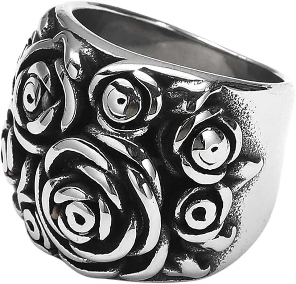 PAMTIER Stainless Steel Vintage Rose Floral Wide Rings for Women Men Classic Statement Band Jewelry Gift