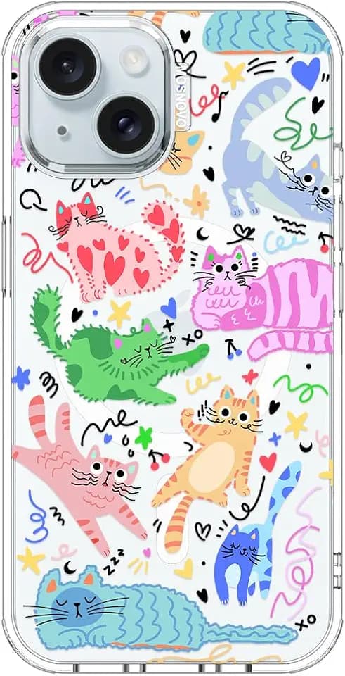 MOSNOVO for iPhone 15 Case, Compatible with Magsafe, Shockproof Military-Grade Protection 6.6ft Drop Tested, Magnetic Clear Phone Case for iPhone 15, Doodle Cats Design