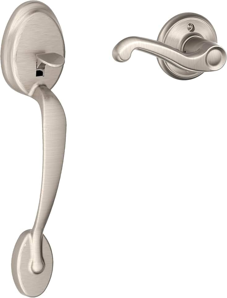 SCHLAGE Plymouth Entry Handleset, Right Hand Flair Lever, Satin Nickel