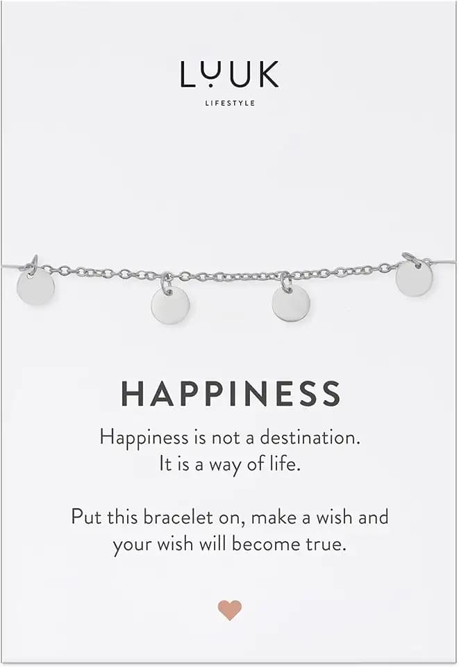 LUUK LIFESTYLE Moderne Edelstahl Damen Armbänder mit Anhänger, HAPPINESS Spruchkarte, filigraner Damenschmuck, Geschenkidee, Glücksbringer, Gold, Silber und Roségold